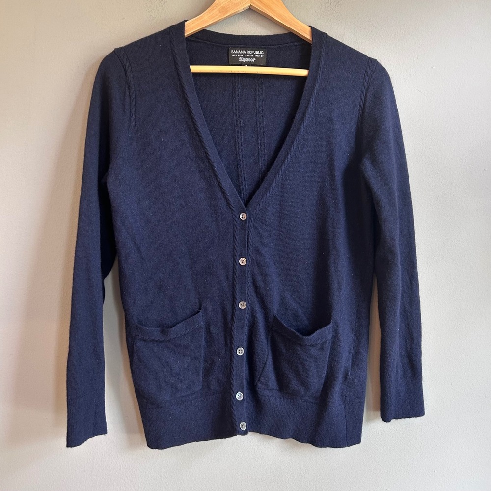 Banana Republic Navy Merino Wool Cashmere Blend Cardigan Sweater Medium Italian